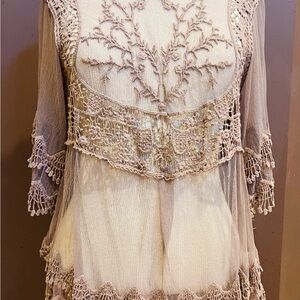 Rebellion Sheer Crochet Tunic Top - Taupe